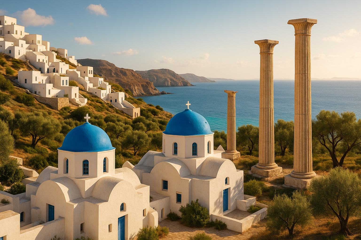Beautiful Greek landscape with whitewashed buildings and blue domes overlooking the Mediterranean