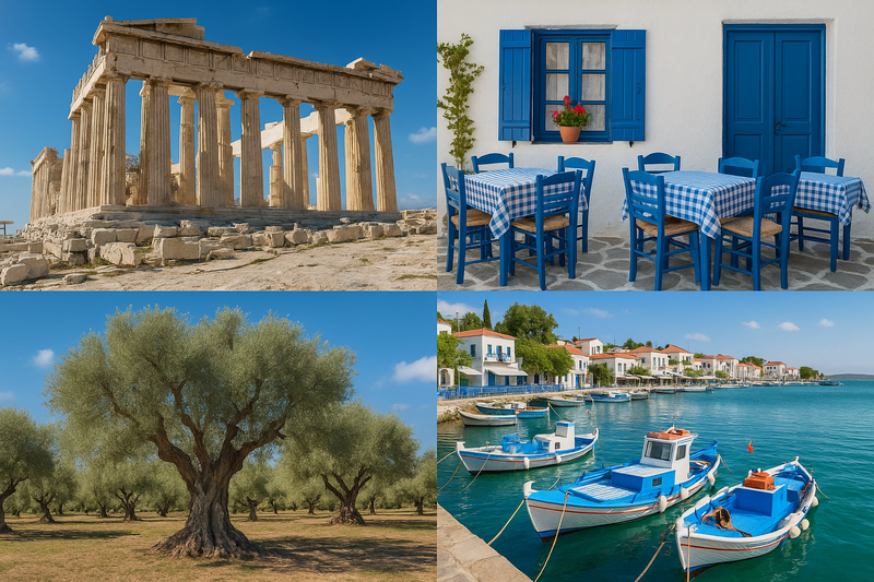 Greek scenes with ruins, tavernas, and harbors